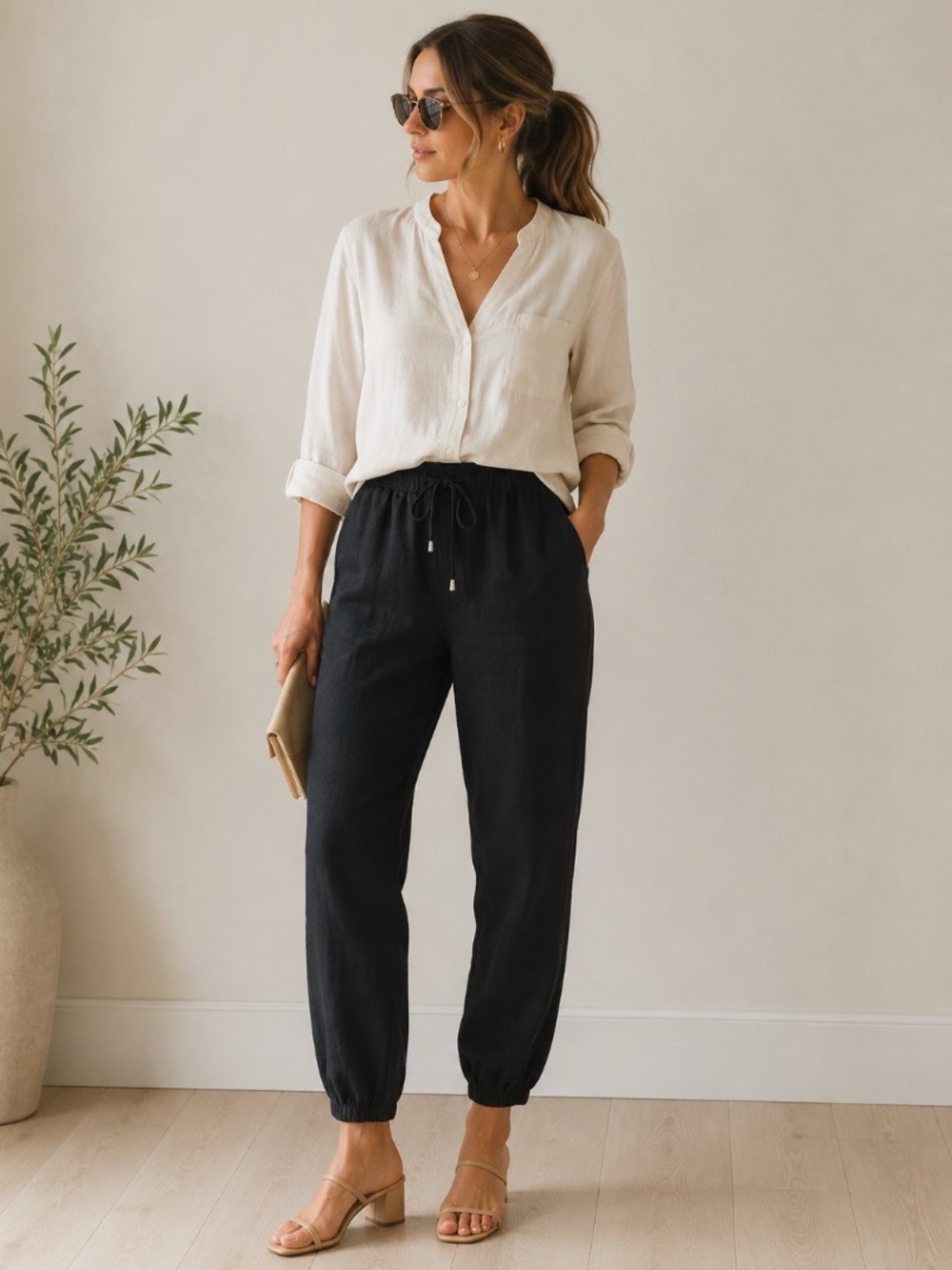 RACHEL & ZOE 100% LINEN BLACK JOGGER STYLE PANTS LIKE NEW PULLON DRAWSTRING LG